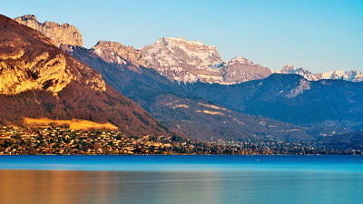 Annecy lake and Tournette mountain in the early spring